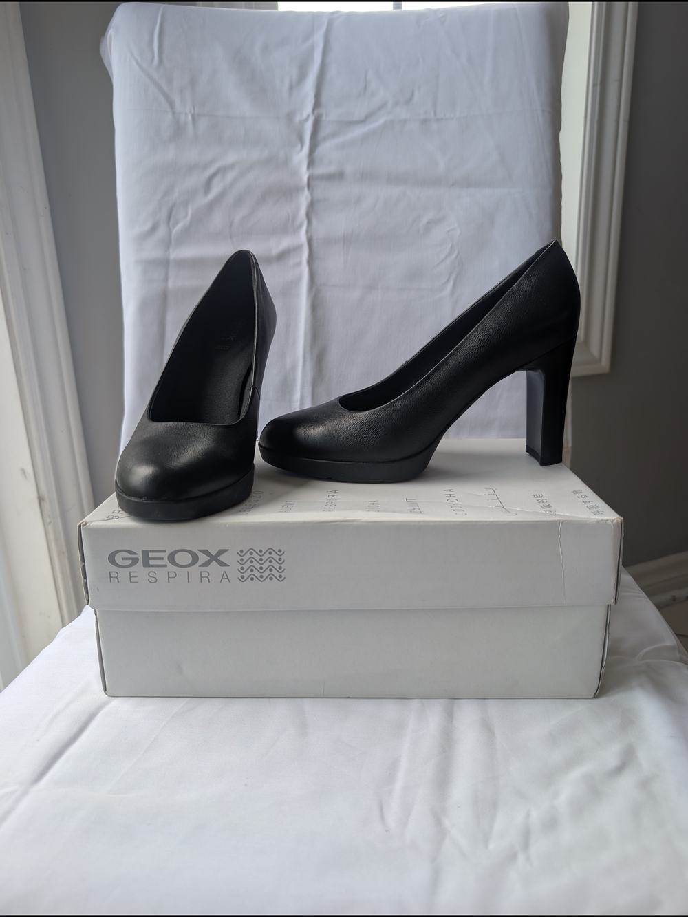 Geox Black Leather Platform Pump with Block Heel